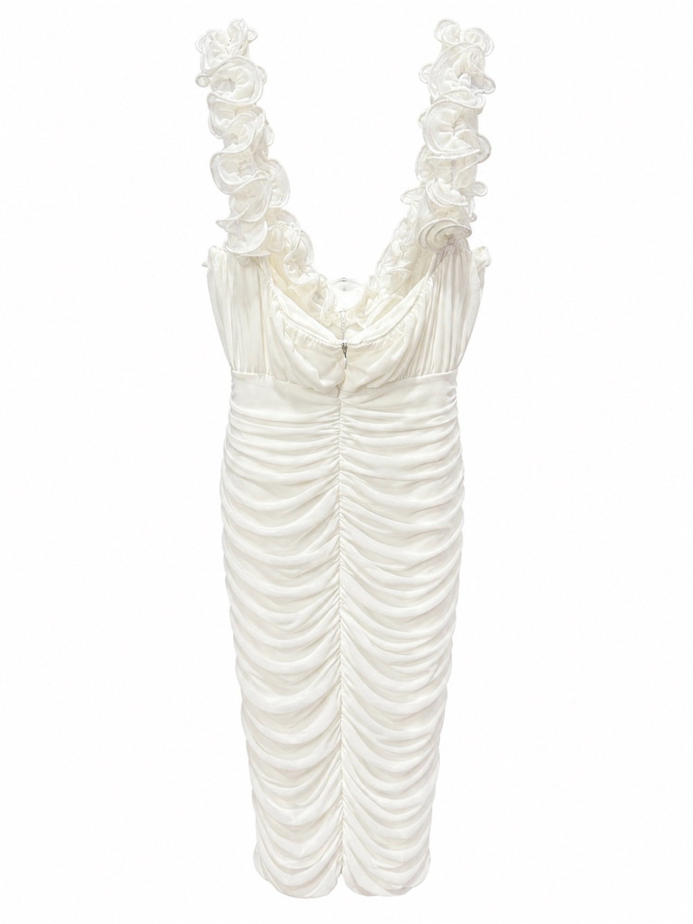 Ruched Mini Chemise with Floral-Trim Straps - White